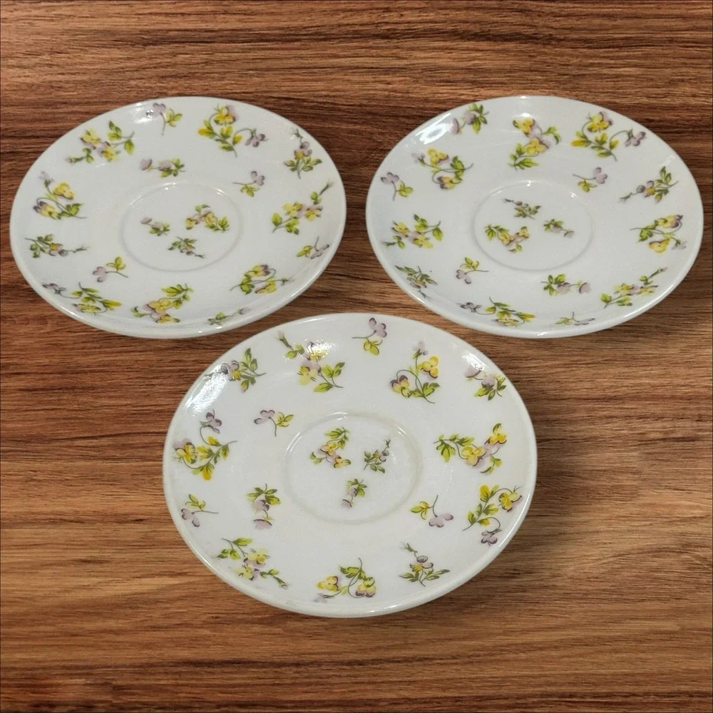 Martha Stewart  Everyday France Yellow Purple‎ Pansies 3 Coffee Cup Saucers